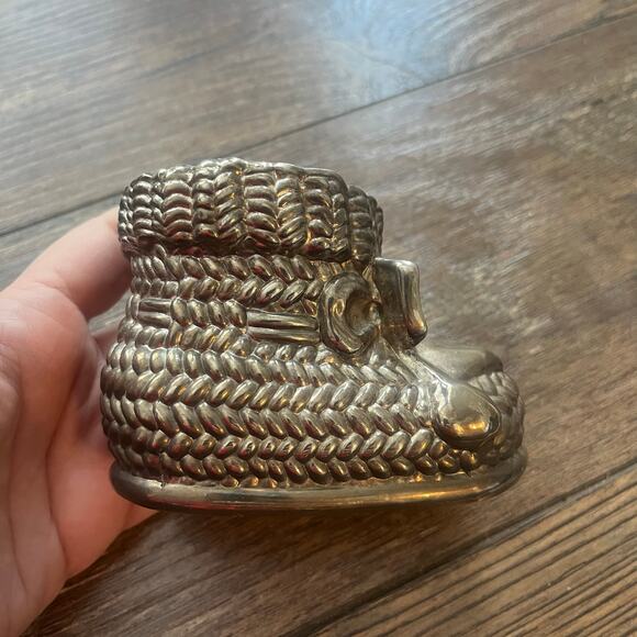 Brass Piggy Bank Baby Boot Bow Vintage Copper Oil Rubbed Bronze Heavy Metal - Picture 1 of 6